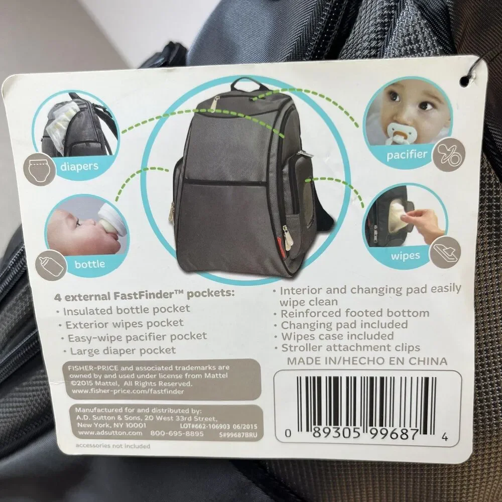 Fisher Price Deluxe Baby Sporty Dark Gray Diaper Bag Backpack Fast Finder New